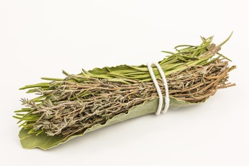 bouquet garni - bunch of dried thyme, rosemary and bay leaf