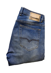 Top view of blue jeans fashion folded isolated on white background with clipping path. Flat lay