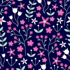 Vector seamless pattern of mixed flowers, laurels, leaves in hot pink, white and mint green on a dark navy blue background. Great for dressmaking fabric, bedroom decor and wallpaper.