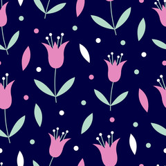 Vector seamless pattern of large hot pink flowers with mint green leaves on a dark navy blue background. Great for dressmaking fabric, bedroom decor and wallpaper.