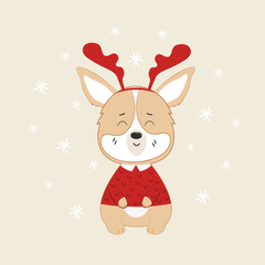 Baby Corgi in a sweater and with deer horns