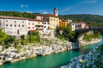 Colorful Architecture of Kanal Ob Soci Town in Slovenia at River Soca - obrazy, fototapety, plakaty