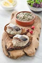 Forshmak - traditional Jewish cuisine. Sandwich with minced herring fillets with apple, onion and egg.