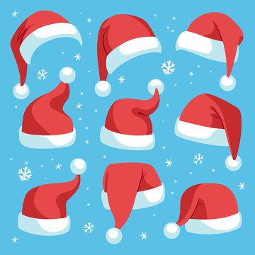 Santa hats. Red christmas santa hat design set, holiday masquerade costume decoration, funny party festive headwear, cartoon vector set