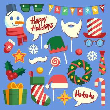Christmas photo booth. Holiday props santa hat and beard, glasses and gift box. Face mask and elf hats, snowman and snowflakes vector set