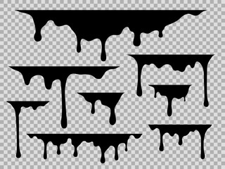 Drips. Dripping liquid black paint, current drops stains graffiti silhouette fluid trickles, drip melt flows oil, vector illustration