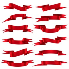 Red ribbons. Scarlet silk decorative curved banners for discount offer and gift realistic 3d isolated retro vector set