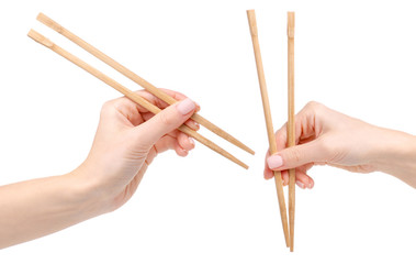 Collage sushi sticks in hand on white background isolation