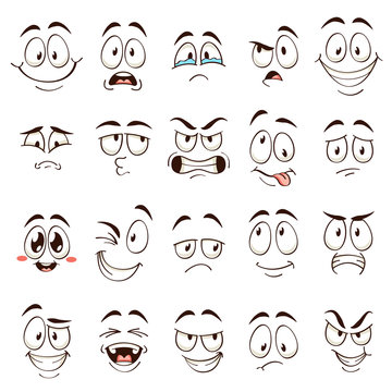 Cartoon faces. Caricature comic emotions with different expressions. Expressive eyes and mouth, funny flat vector characters set
