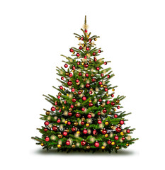 Bunt dekorierter Weihnachtsbaum vor weißem Hintergrund