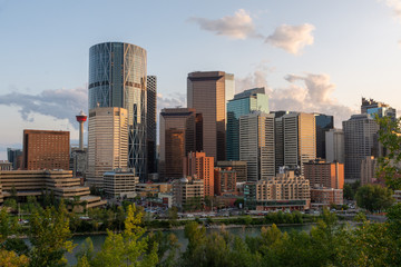 Fototapeta na wymiar Calgary, Canada - August 4, 2019: View of the downtown of Calgary during sunset