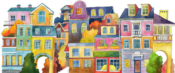Set of watercolor houses isolated on white background. Children's illustration. Seamless background.