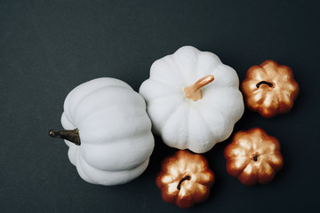 pumpkins of different sizes and colors on a black background