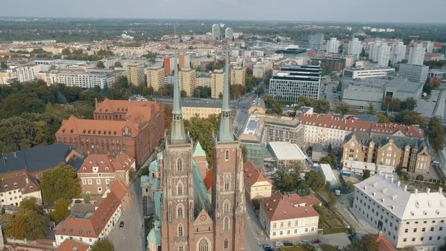 Aerial View of Wroclaw, Ostrow Tumski, Cathedral of St. John the Baptist, Katedra Swietego Jana Chrzciciela, Old Town, Stare Miasto, Poland, Polska