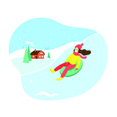 Character girl is riding an inflatable snow tube, winter countryside landscape, vector illustration in flat style. Merry winter holidays, vacation.