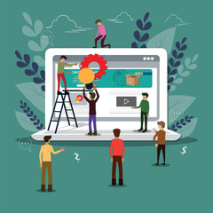  Flat design of crowdfunding concept,Young man was presenting his idea for money funding,Huge laptop surrounded by group of people,vector illustration