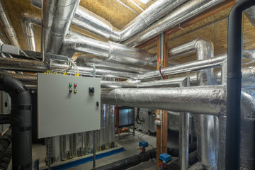 Ventilation system indoors. System of pipes.