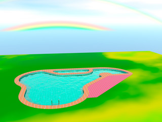 Swimmingpool im Garten mit Regenbogen am Himmel