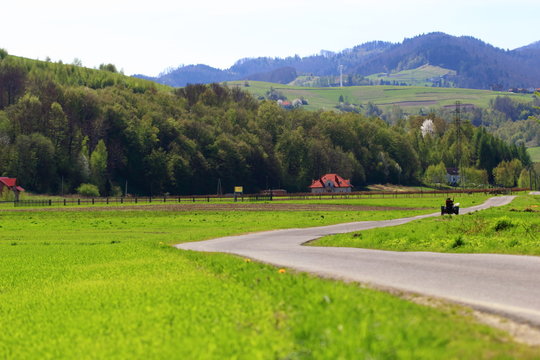 Spring in Beskid Mountains. Rural scene. Barcice, Poland.