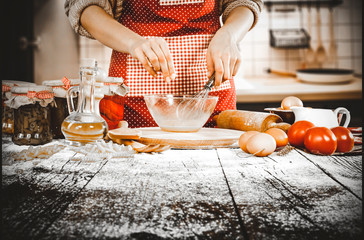 Woman hands in kitchen and free space for your decoration. 
