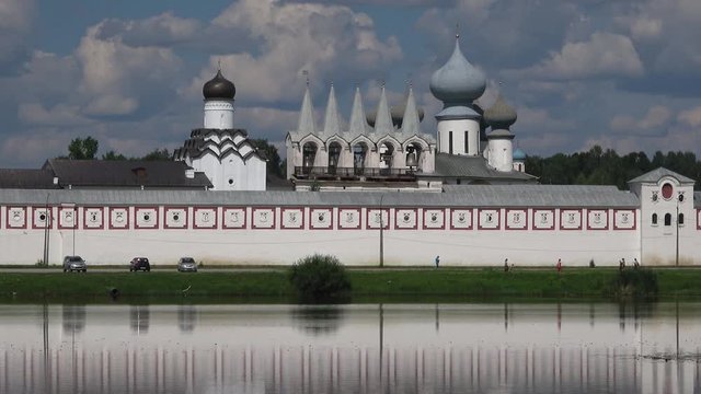 View of the dome of the assumption Tikhvin monastery on a July day. Leningrad region, Russia   