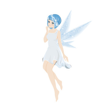 Illustration of a Cute blue fairy flying with beautiful wings, Vector cartoon for bed time story elements
