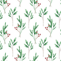 Watercolor seamless pattern with leaves and berries. Hand drawn winter illustration on white background. Perfect for Christmas greeting cards, invitation, wrapping paper, textile