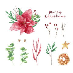 Watercolor set with Christmas elements. Hand drawn winter illustration, isolated on white background. Perfect for greeting cards, invitation, wrapping paper