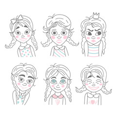 Doodle set cute girls with different emotions.