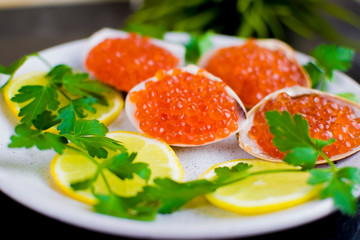 red caviar and seafood with lemon and herbs, seafood dish, delicacy. close-up, selective focus