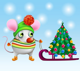 funny mouse in hat with sled and Christmas tree on blue background and snowflake