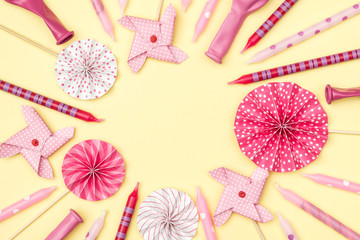Flat lay decoration party concept on colored background