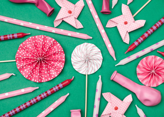 Fototapeta premium Flat lay decoration party concept on colorful background