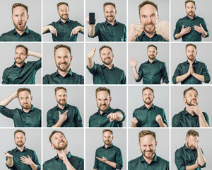Set of handsome man with different emotions and gestures - obrazy, fototapety, plakaty