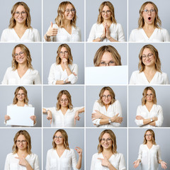 Beautiful woman with different facial expressions and gestures