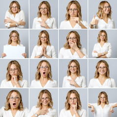 Beautiful woman with different facial expressions and gestures