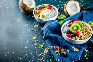 Granola with chia seeds yogurt, fresh fruit and berries