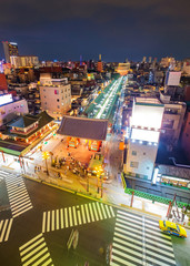 Sensoji Temple from top view in the evening. The most famous temple located in Asakusa district, Tokyo, Japan