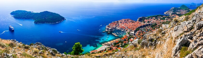 Splendid Dubrovnik. Aerial view with nearest island and cruise ship. Croatia travel