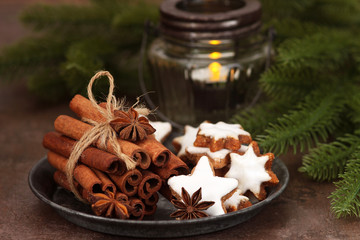 Christmas gingerbread cookies and spices