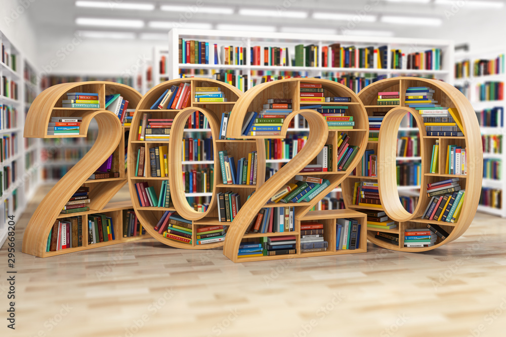 Poster 2020 new year education concept. bookshelves with books in the form of text 2020 in school library.