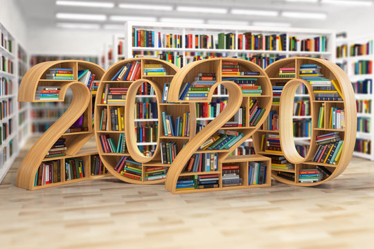 2020 new year education concept. Bookshelves with books in the form of text 2020 in school library.