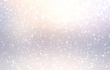 Light snow on subtle natural defocused background. Pastel outdoor abstract illustration. Winter shimmer texture. Lens flare.
