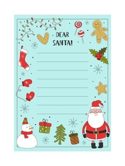 Cartoon Christmas wish christmas items. A letter to Santa Claus template. Christmas background with a place for Christmas gifts for Santa wish list. Vector illustration.