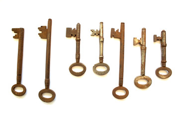 Vintage Antique Padlock Keys on White Background