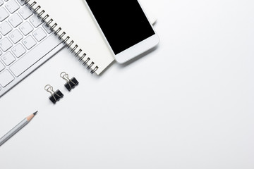 Office desk table with supplies. Flat lay Business workplace and objects. Top view. Copy space for text