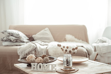 Cozy bright living room with sofa and pillows.
