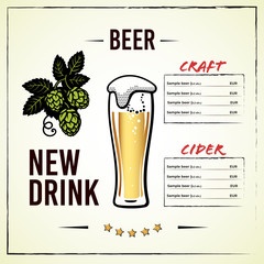 Beer menu design with glass of beer and branch of hops with leaves and cones. Alcohol card design elements. Hand drawn illustration on light backgraund.