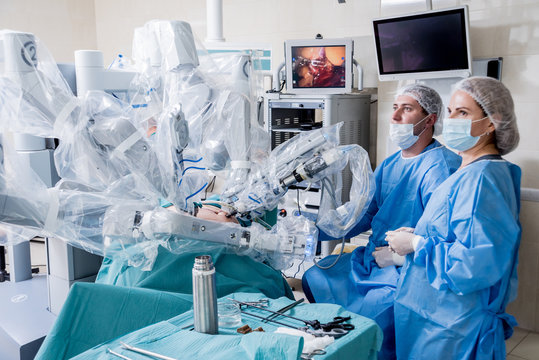 Modern Surgical System. Medical Robot. Minimally Invasive Robotic Surgery.