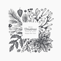 Christmas frame template. Vector hand drawn winter plants illustrations. Greeting card design in retro style. Winter background